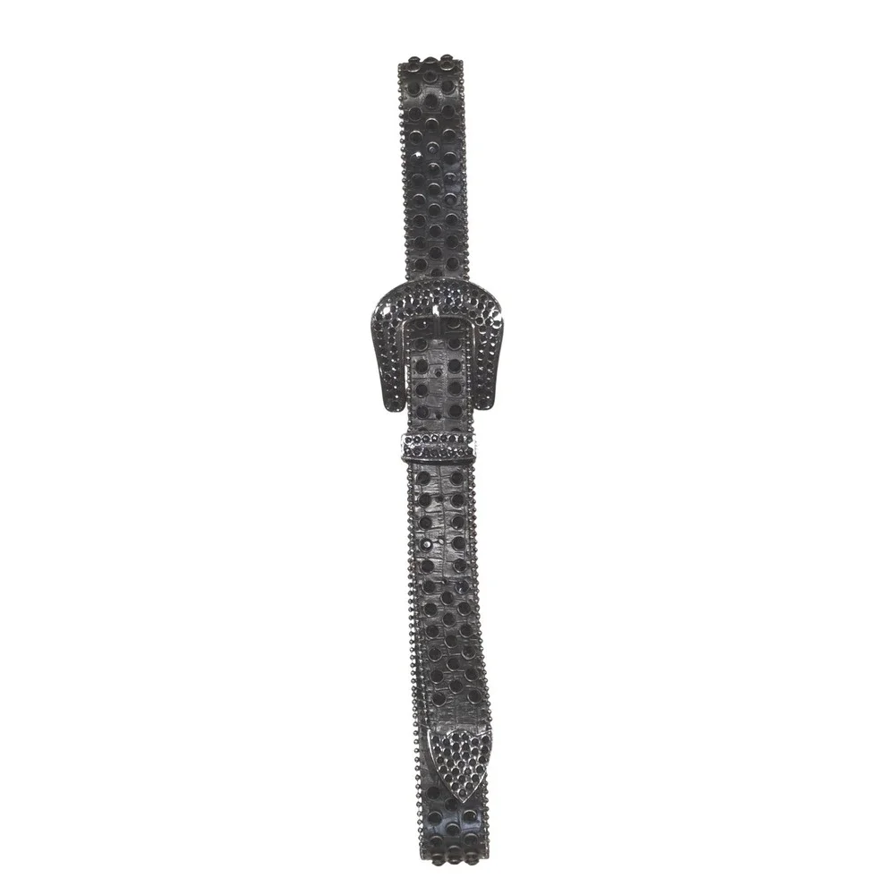 Western Black‎ Rhinestone Belt Genuine Leather XL Croc Embossed Cowboy Punk